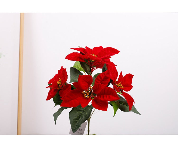 Lot de 5 tiges de poinsettia artificielles en velours de Noël, arbustes, fleurs en soie, vente en gros