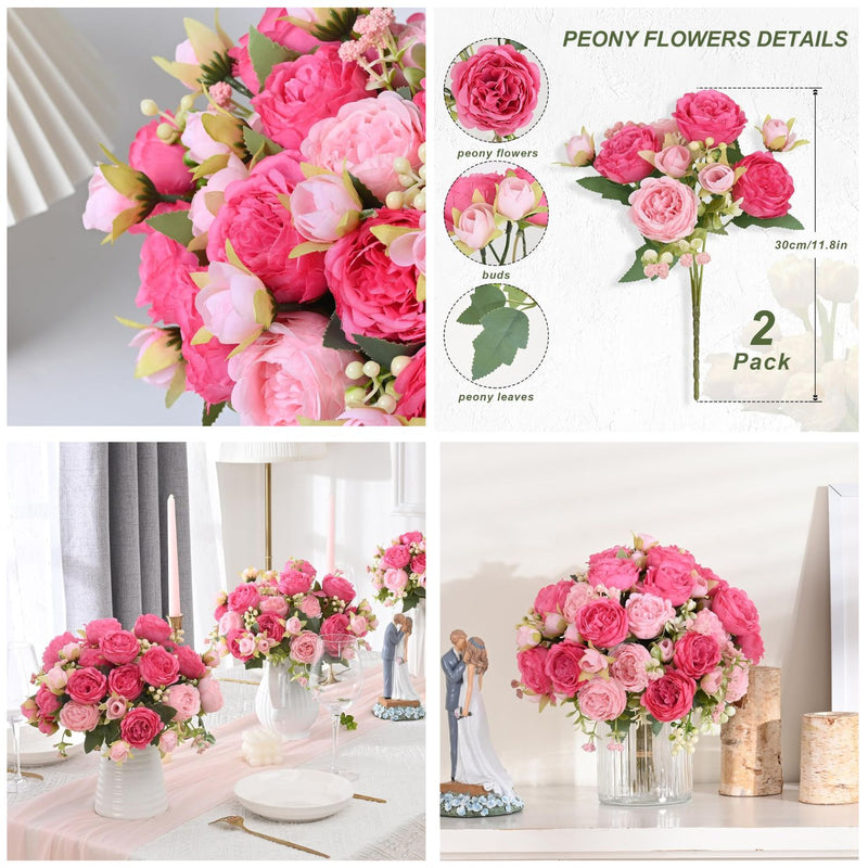 Realistic Artificial Peonies - Vibrant Pink Silk Flowers for Wedding Centerpieces & Home Decor (Easy to Assemble, Great Value, Holds Shape Well)