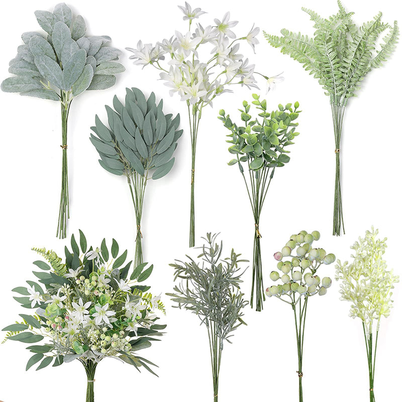 Lot de 70 tiges de feuilles d'eucalyptus et de fleurs artificielles mélangées pour bricolage, vente en gros