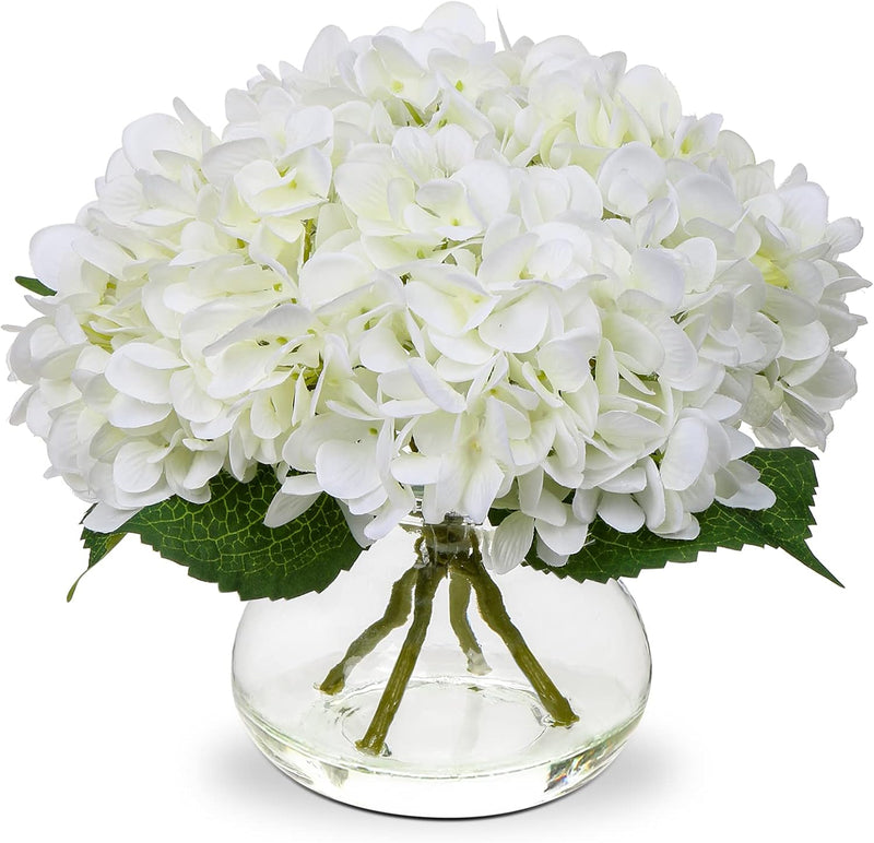 Realistic Artificial Hydrangea Flowers in Glass Vase - Vivid Yellowish Orange Silk Floral Arrangement with Faux Water, Perfect for Table Centerpieces & Home Decor (Great Value, Lifelike Appearance)