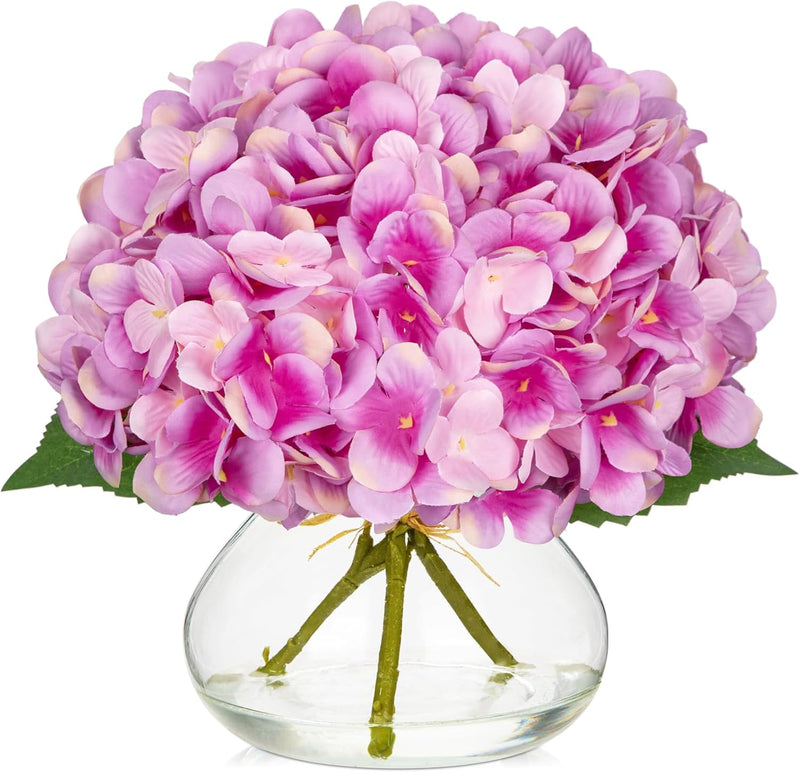 Realistic Artificial Hydrangea Flowers in Glass Vase - Vivid Yellowish Orange Silk Floral Arrangement with Faux Water, Perfect for Table Centerpieces & Home Decor (Great Value, Lifelike Appearance)