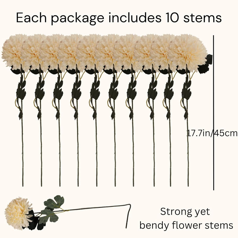 10 Stems Realistic Artificial Silk Mums - Neutral Beige & Eucalyptus Floral Set for Vase Arrangements (Soft Texture, Great Value）