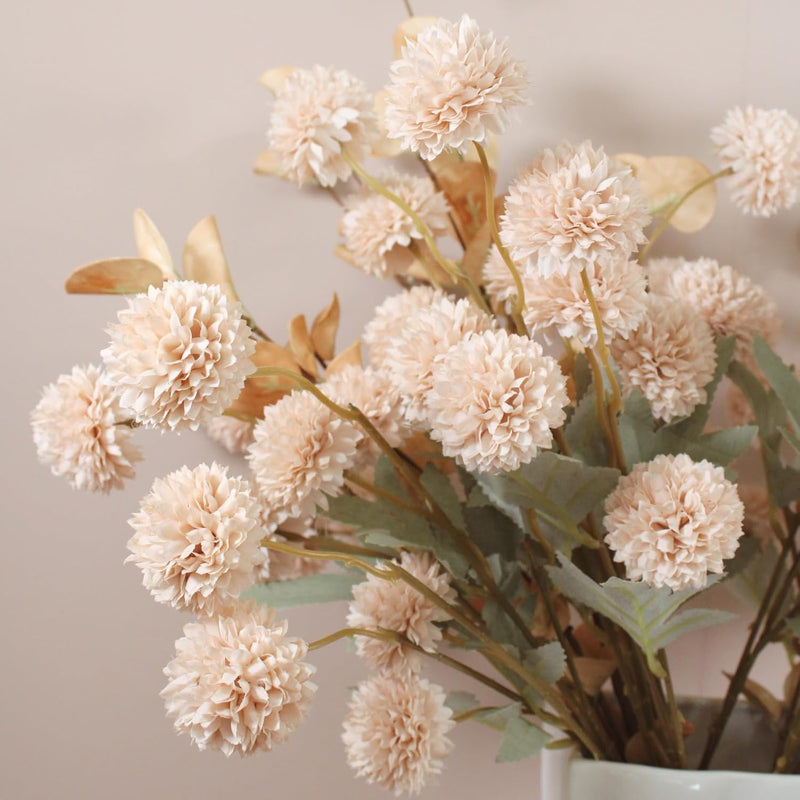 10 Stems Realistic Artificial Silk Mums - Neutral Beige & Eucalyptus Floral Set for Vase Arrangements (Soft Texture, Great Value）