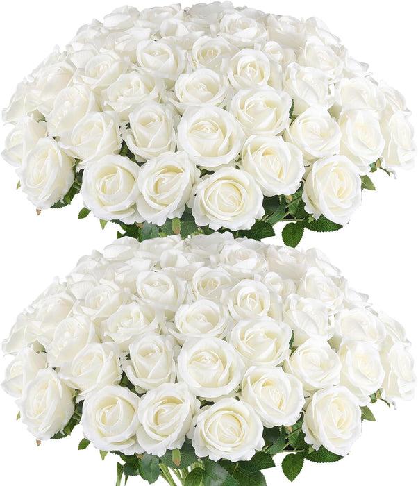 50PCS Premium Velvet Silk Roses - Realistic White Artificial Flowers for Wedding & Home Decor