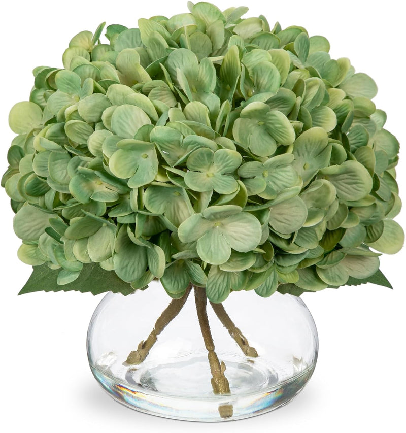 Realistic Artificial Hydrangea Flowers in Glass Vase - Vivid Yellowish Orange Silk Floral Arrangement with Faux Water, Perfect for Table Centerpieces & Home Decor (Great Value, Lifelike Appearance)