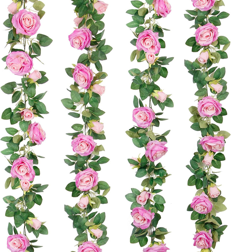 4PCS (26FT) Vibrant Pink Artificial Rose Vine Garland - Realistic Silk Flowers for Wedding Arches & Party Decor (Odor-Free Option, 6FT Segments, Perfect for Photos)