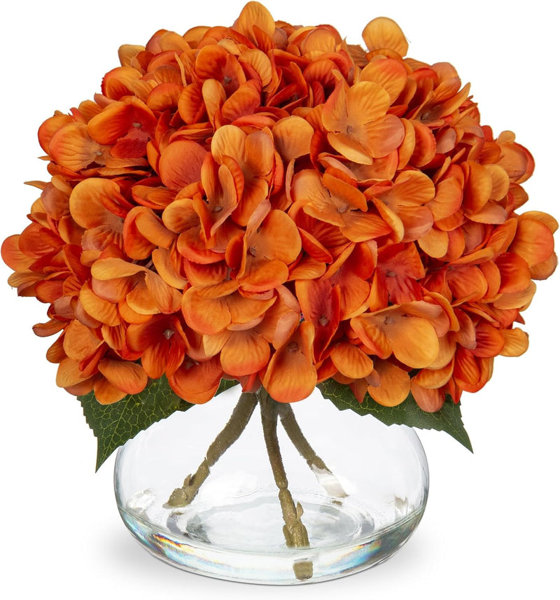 Realistic Artificial Hydrangea Flowers in Glass Vase - Vivid Yellowish Orange Silk Floral Arrangement with Faux Water, Perfect for Table Centerpieces & Home Decor (Great Value, Lifelike Appearance)