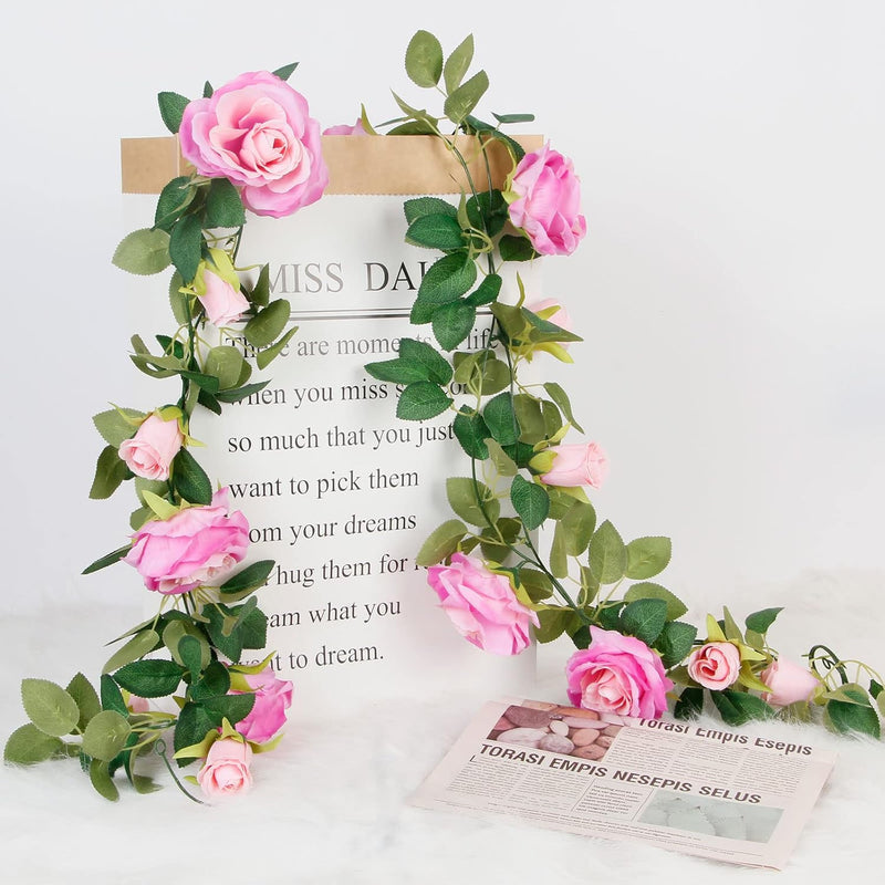 4PCS (26FT) Vibrant Pink Artificial Rose Vine Garland - Realistic Silk Flowers for Wedding Arches & Party Decor (Odor-Free Option, 6FT Segments, Perfect for Photos)