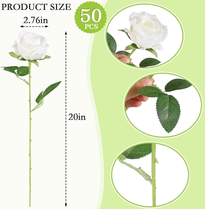 50PCS Premium Velvet Silk Roses - Realistic White Artificial Flowers for Wedding & Home Decor