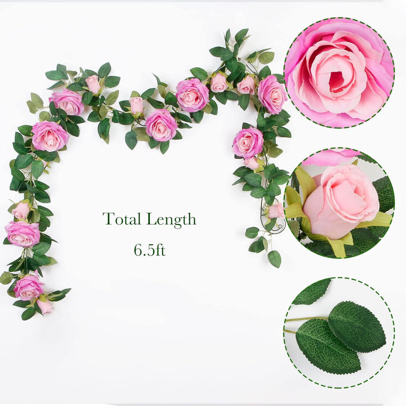 4PCS (26FT) Vibrant Pink Artificial Rose Vine Garland - Realistic Silk Flowers for Wedding Arches & Party Decor (Odor-Free Option, 6FT Segments, Perfect for Photos)