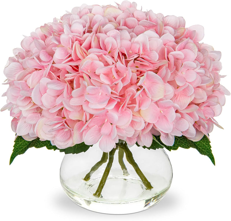 Realistic Artificial Hydrangea Flowers in Glass Vase - Vivid Yellowish Orange Silk Floral Arrangement with Faux Water, Perfect for Table Centerpieces & Home Decor (Great Value, Lifelike Appearance)