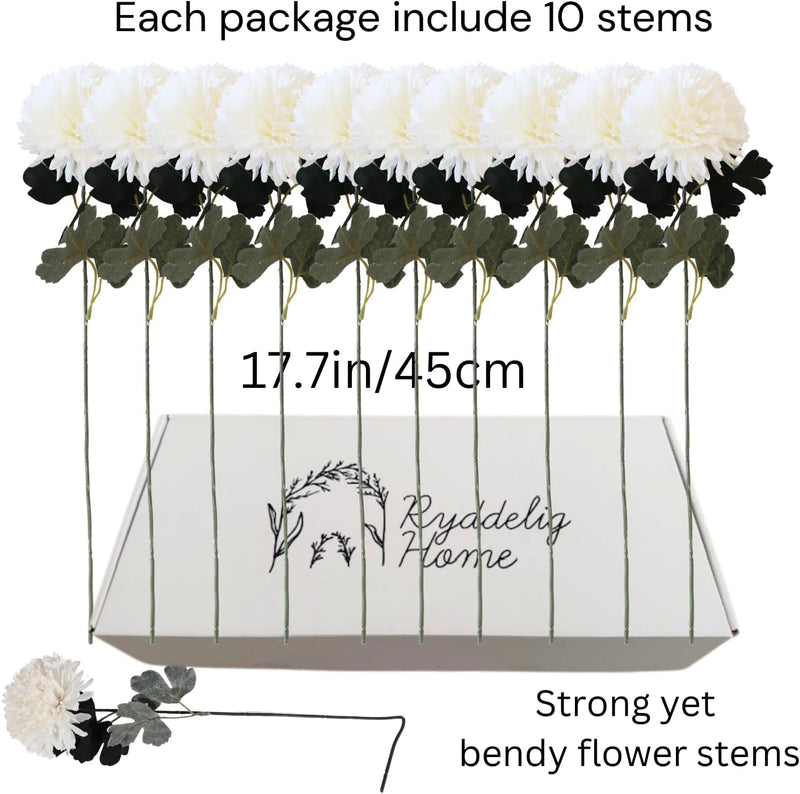 10 Stems Realistic Artificial Silk Mums - Neutral Beige & Eucalyptus Floral Set for Vase Arrangements (Soft Texture, Great Value）