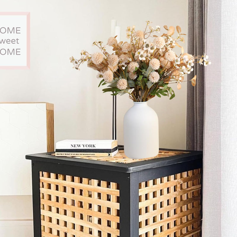 10 Stems Realistic Artificial Silk Mums - Neutral Beige & Eucalyptus Floral Set for Vase Arrangements (Soft Texture, Great Value）