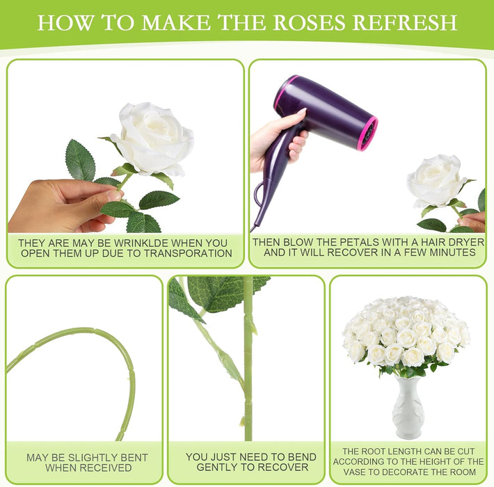 50PCS Premium Velvet Silk Roses - Realistic White Artificial Flowers for Wedding & Home Decor