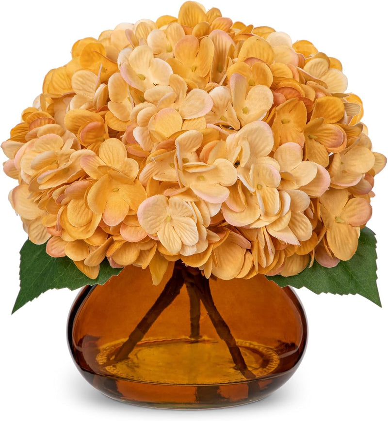 Realistic Artificial Hydrangea Flowers in Glass Vase - Vivid Yellowish Orange Silk Floral Arrangement with Faux Water, Perfect for Table Centerpieces & Home Decor (Great Value, Lifelike Appearance)