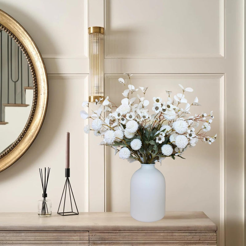 10 Stems Realistic Artificial Silk Mums - Neutral Beige & Eucalyptus Floral Set for Vase Arrangements (Soft Texture, Great Value）