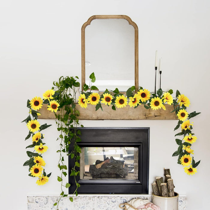 7.5ft Real-Looking Artificial Sunflower Garland - Vibrant Silk Flowers with Green Leaves for Outdoor/Indoor Decor (Weatherproof, Long-Lasting, Fragrant Option)