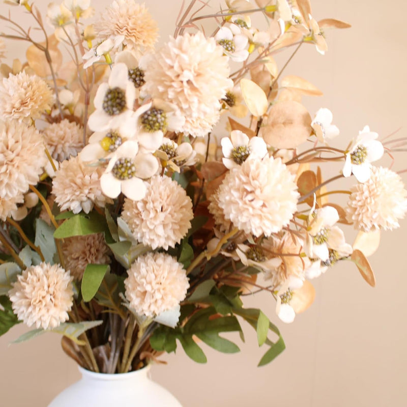 10 Stems Realistic Artificial Silk Mums - Neutral Beige & Eucalyptus Floral Set for Vase Arrangements (Soft Texture, Great Value）