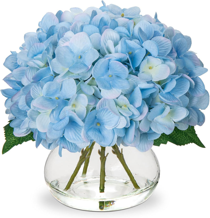 Realistic Artificial Hydrangea Flowers in Glass Vase - Vivid Yellowish Orange Silk Floral Arrangement with Faux Water, Perfect for Table Centerpieces & Home Decor (Great Value, Lifelike Appearance)