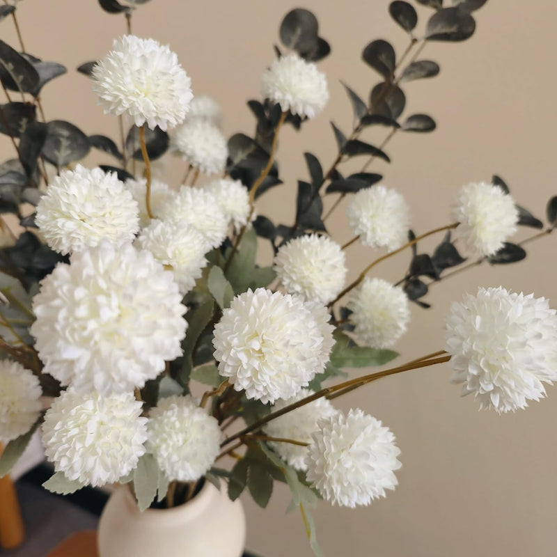 10 Stems Realistic Artificial Silk Mums - Neutral Beige & Eucalyptus Floral Set for Vase Arrangements (Soft Texture, Great Value）
