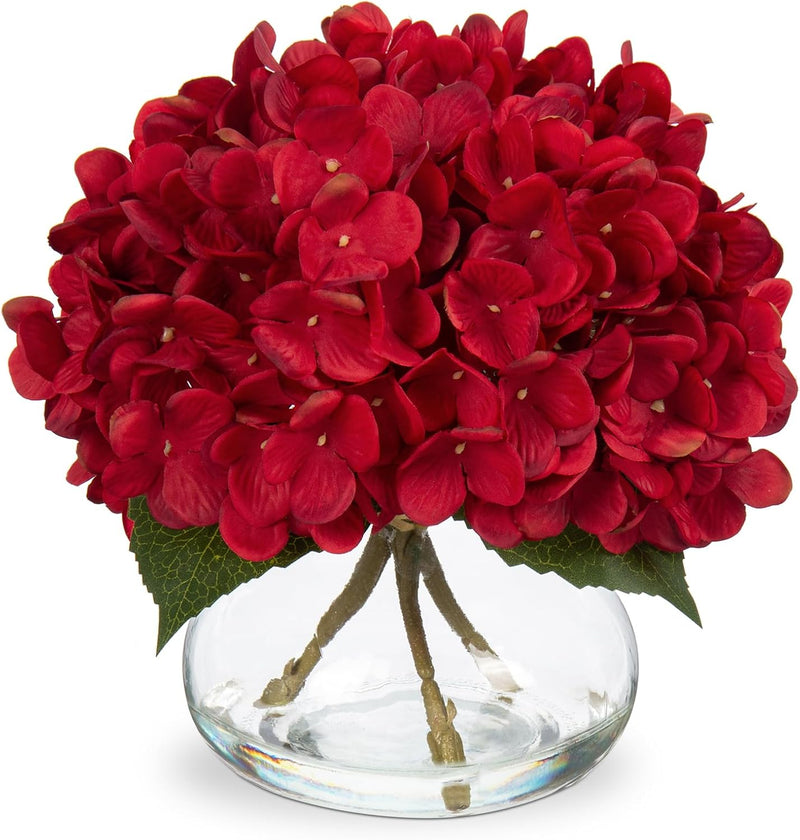 Realistic Artificial Hydrangea Flowers in Glass Vase - Vivid Yellowish Orange Silk Floral Arrangement with Faux Water, Perfect for Table Centerpieces & Home Decor (Great Value, Lifelike Appearance)