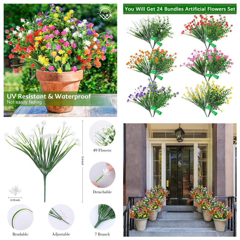 24 Bundles Realistic Artificial Flowers for Outdoor & Indoor Use – Fade-Resistant, Weatherproof Faux Plants for Hanging Planters, Garden, Porch, Wedding & Farmhouse Decor