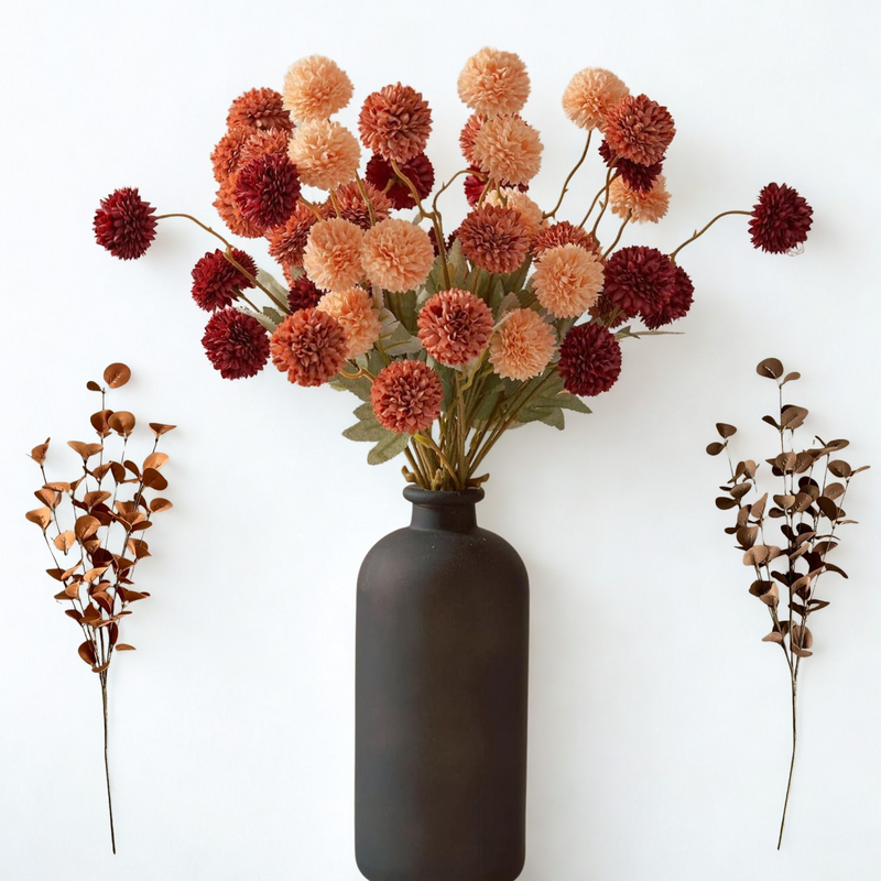 10 Stems Realistic Artificial Silk Mums - Neutral Beige & Eucalyptus Floral Set for Vase Arrangements (Soft Texture, Great Value）