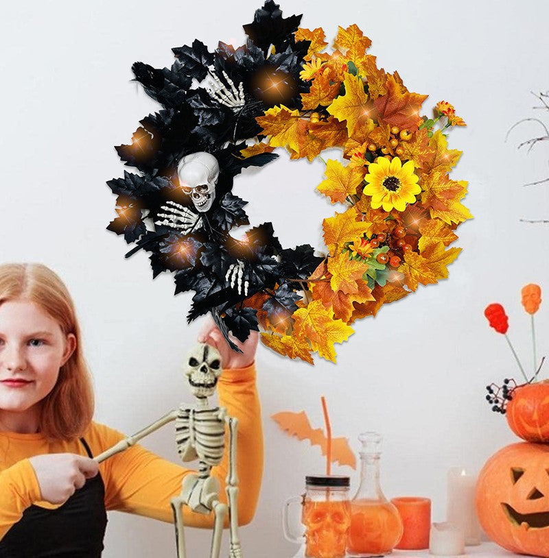 Bulk Halloween Skull Wreath for Front Door Artificial Black Orange Maple Leaves Wreath Holiday Party Decoration Wholesale