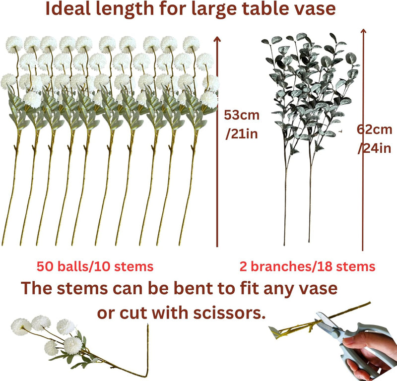 10 Stems Realistic Artificial Silk Mums - Neutral Beige & Eucalyptus Floral Set for Vase Arrangements (Soft Texture, Great Value）