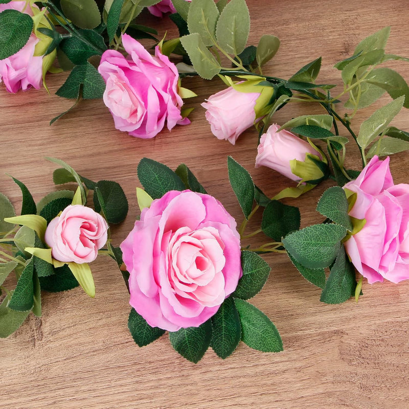 4PCS (26FT) Vibrant Pink Artificial Rose Vine Garland - Realistic Silk Flowers for Wedding Arches & Party Decor (Odor-Free Option, 6FT Segments, Perfect for Photos)