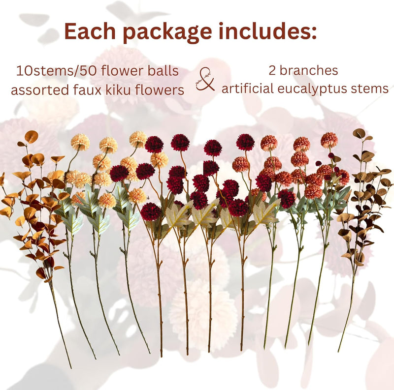10 Stems Realistic Artificial Silk Mums - Neutral Beige & Eucalyptus Floral Set for Vase Arrangements (Soft Texture, Great Value）