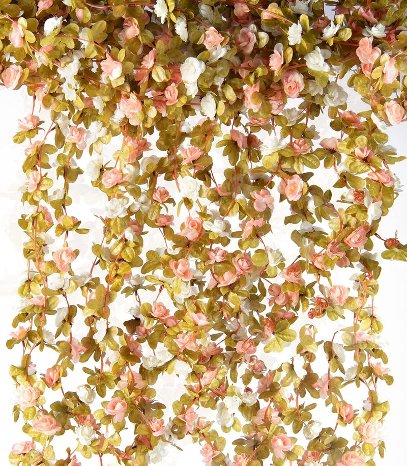 8PCS 66FT Premium Rose Vine Garland - Pink Floral Hanging Decor for Weddings & Events (Lush Green Leaves, Flexible Stems, Easy Installation)