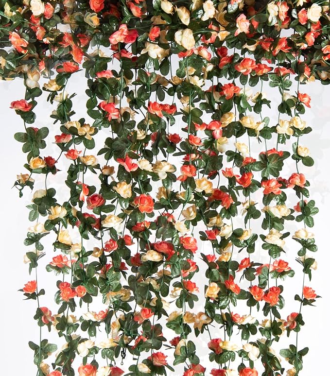 8PCS 66FT Premium Rose Vine Garland - Pink Floral Hanging Decor for Weddings & Events (Lush Green Leaves, Flexible Stems, Easy Installation)
