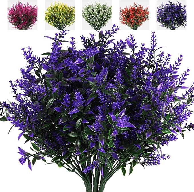 8 Bundles Premium Artificial Lavender - UV-Resistant Silk Shrubs for Outdoor Fences & Wedding Decor (Vibrant Purple Hues, Flexible Stems, Fade-Resistant Design)