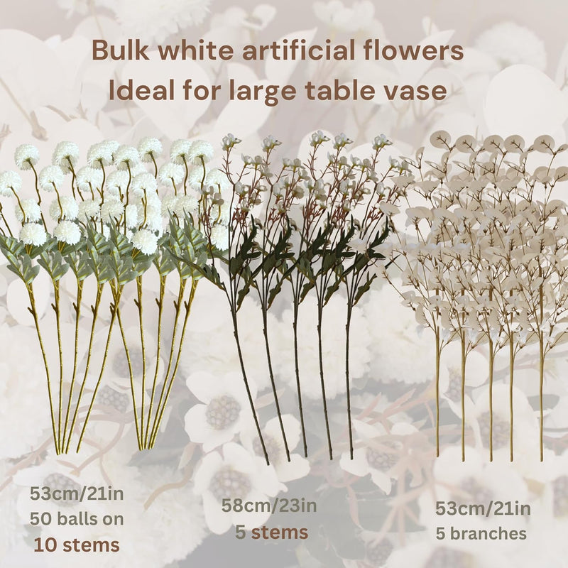 10 Stems Realistic Artificial Silk Mums - Neutral Beige & Eucalyptus Floral Set for Vase Arrangements (Soft Texture, Great Value）