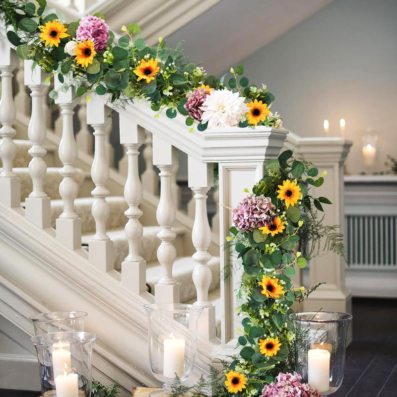 7.5ft Real-Looking Artificial Sunflower Garland - Vibrant Silk Flowers with Green Leaves for Outdoor/Indoor Decor (Weatherproof, Long-Lasting, Fragrant Option)