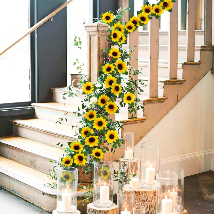 7.5ft Real-Looking Artificial Sunflower Garland - Vibrant Silk Flowers with Green Leaves for Outdoor/Indoor Decor (Weatherproof, Long-Lasting, Fragrant Option)