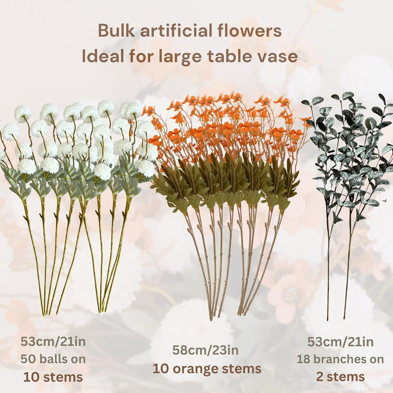 10 Stems Realistic Artificial Silk Mums - Neutral Beige & Eucalyptus Floral Set for Vase Arrangements (Soft Texture, Great Value）