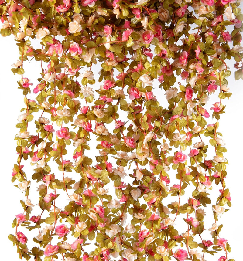 8PCS 66FT Premium Rose Vine Garland - Pink Floral Hanging Decor for Weddings & Events (Lush Green Leaves, Flexible Stems, Easy Installation)