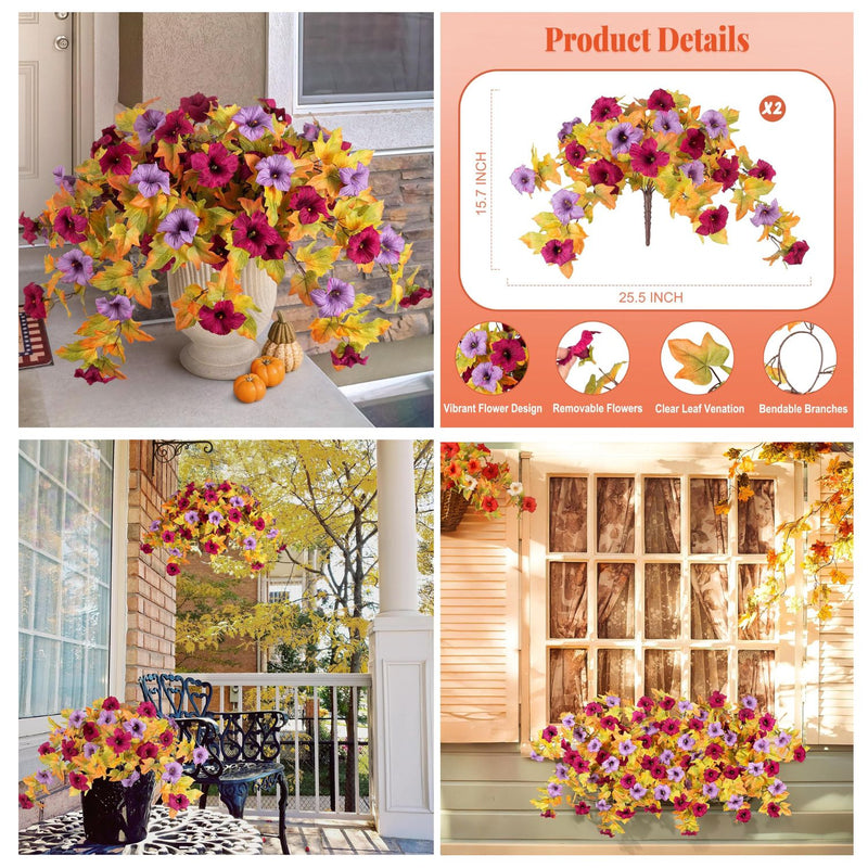 2PCS Realistic Artificial Petunias - UV Resistant Fall Flowers for Outdoor/Indoor Decor (Vibrant Colors)