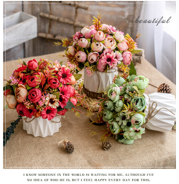 Flores artificiales a granel de 6" en jarrón Ramo de peonías y margaritas en maceta al por mayor