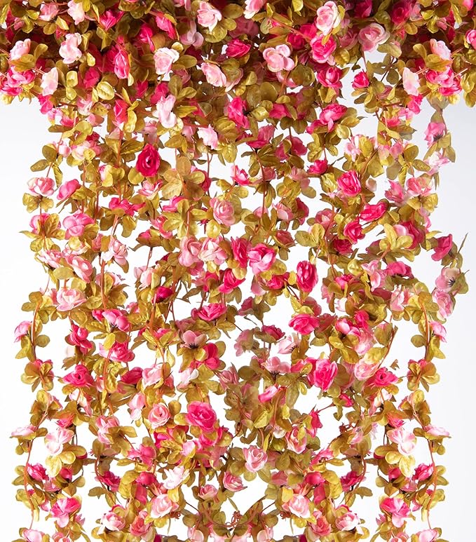 8PCS 66FT Premium Rose Vine Garland - Pink Floral Hanging Decor for Weddings & Events (Lush Green Leaves, Flexible Stems, Easy Installation)