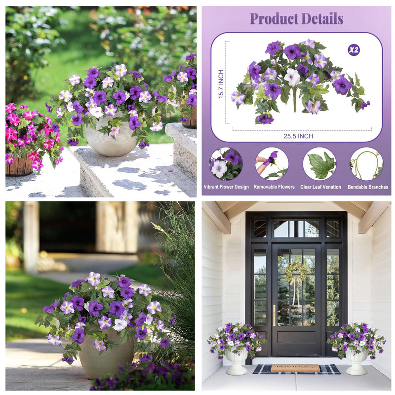 2PCS Realistic Artificial Petunias - UV Resistant Fall Flowers for Outdoor/Indoor Decor (Vibrant Colors)