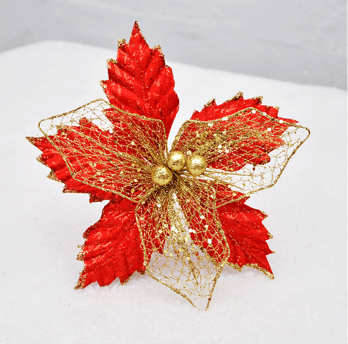 Bulk 8" Christmas Glitter Poinsettia Picks Sequin Artificial Flowers for Christmas Tree New Year Ornaments Wholesale