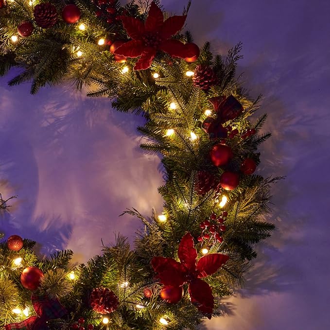 Guirlande de Noël pré-éclairée de poinsettias en vrac de 9 pieds avec 50 lumières LED à piles en gros