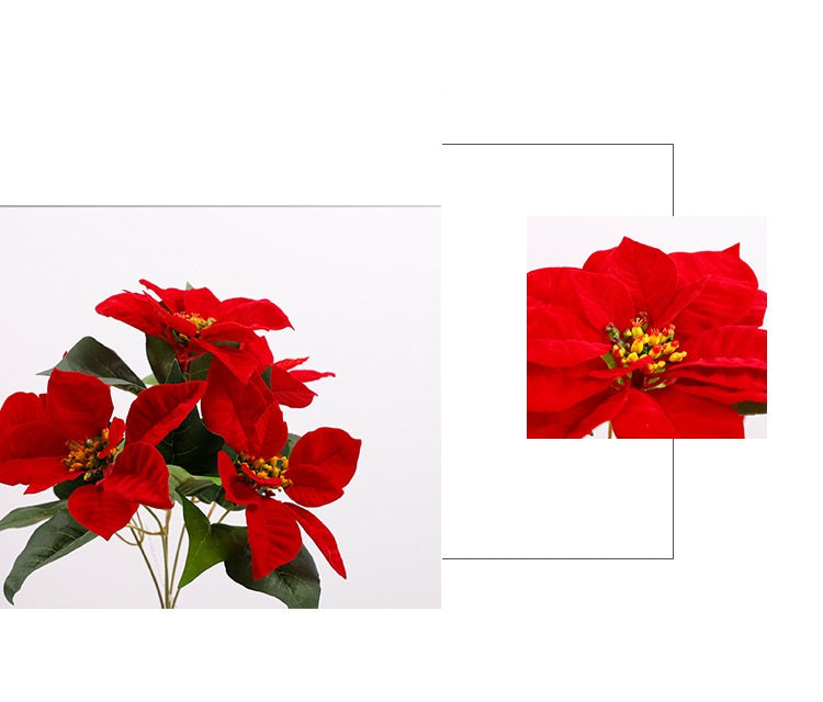 Lot de 5 tiges de poinsettia artificielles en velours de Noël, arbustes, fleurs en soie, vente en gros
