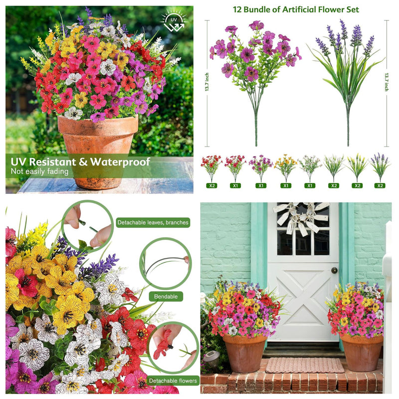 24 Bundles Realistic Artificial Flowers for Outdoor & Indoor Use – Fade-Resistant, Weatherproof Faux Plants for Hanging Planters, Garden, Porch, Wedding & Farmhouse Decor