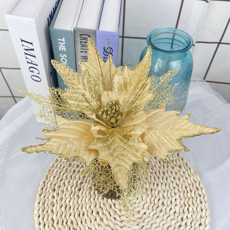 Bulk 5Pcs 10" Large Poinsettia Christmas Glitter Flowers Stems Artificial Floral Christmas Decorations Wholesale