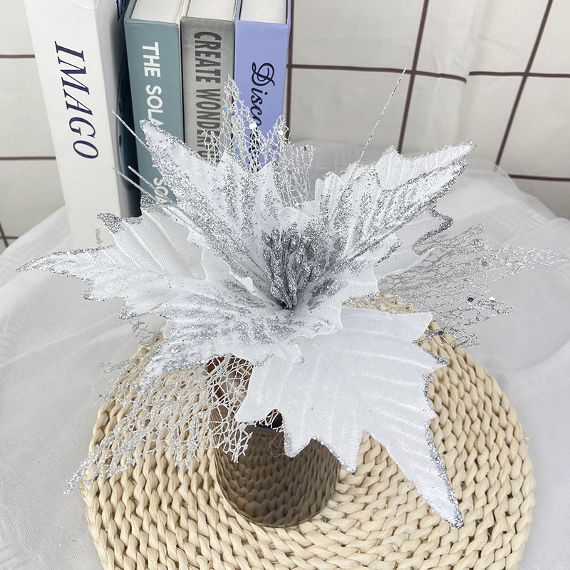 Bulk 5Pcs 10" Large Poinsettia Christmas Glitter Flowers Stems Artificial Floral Christmas Decorations Wholesale