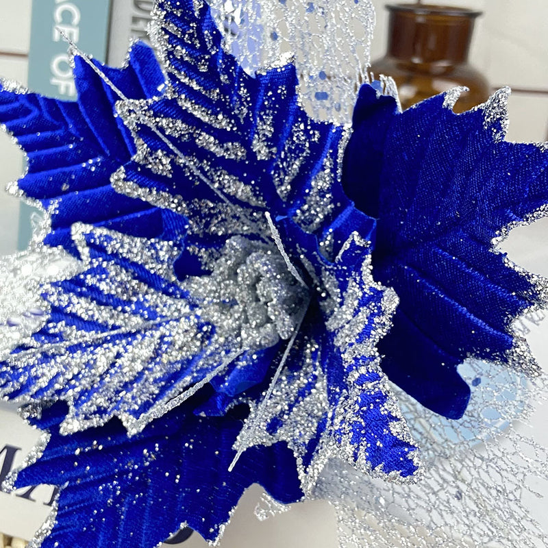 Bulk 5Pcs 10" Large Poinsettia Christmas Glitter Flowers Stems Artificial Floral Christmas Decorations Wholesale